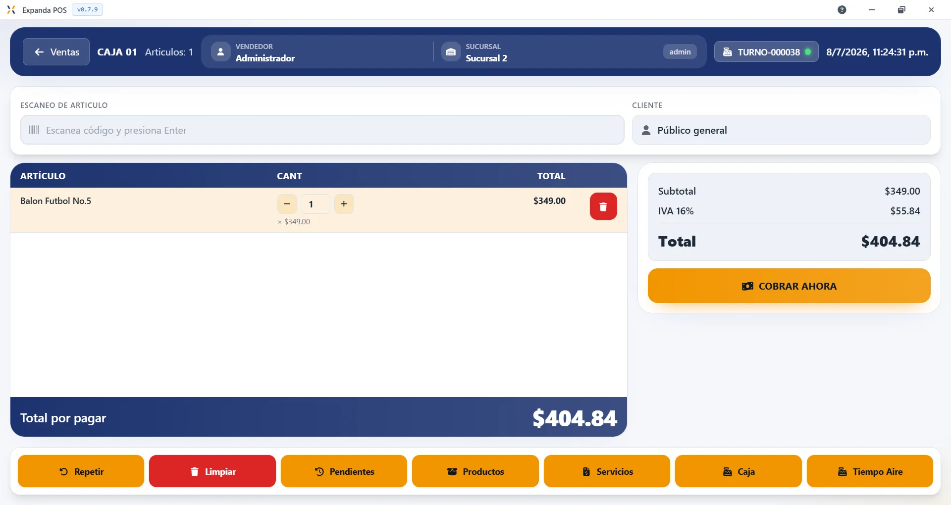 Punto de venta Expanda POS con venta en curso, totales con IVA y botones de acción rápida